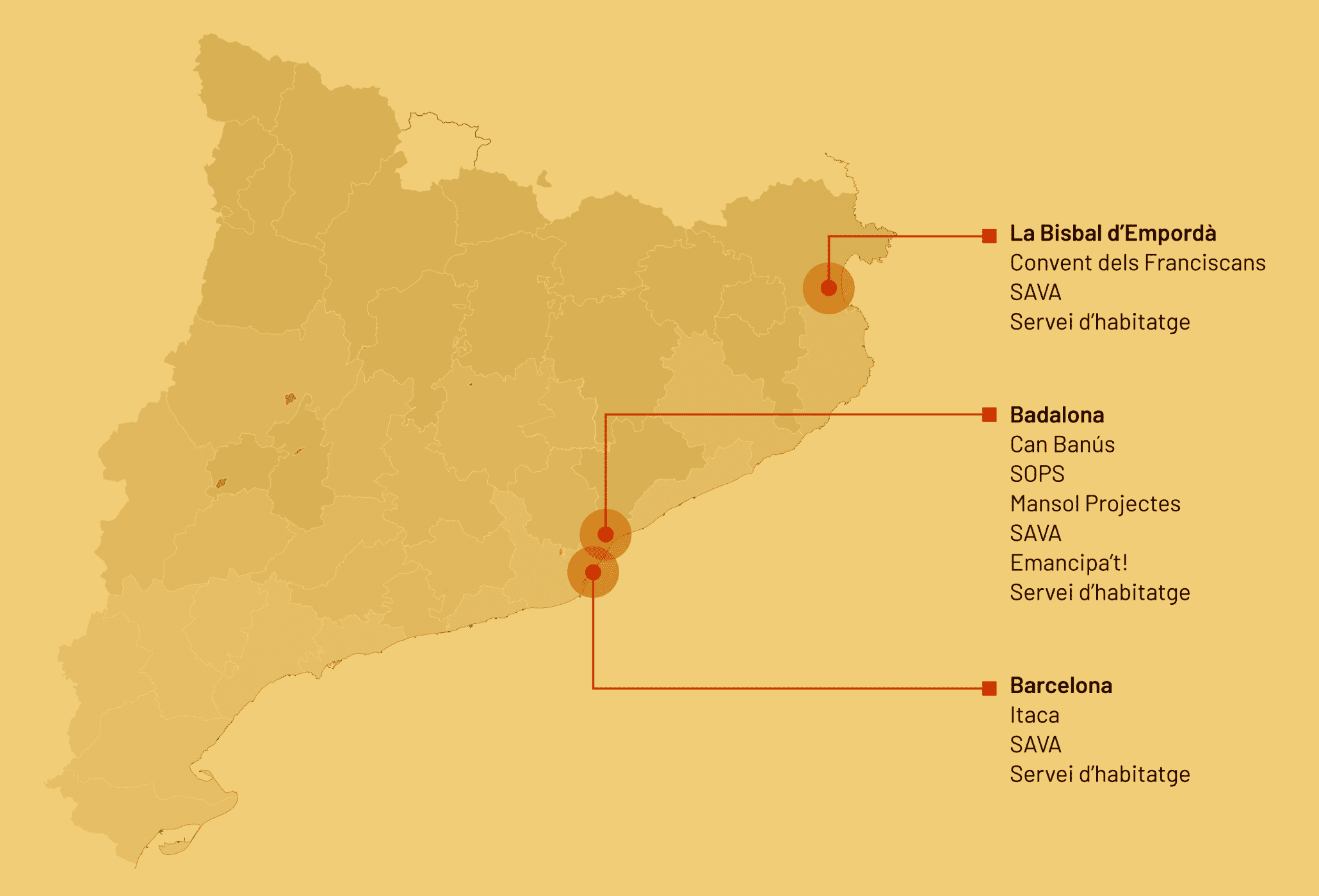 Mapa amb les zones on la Fundació duu a terme la seva acció social: Badalona, Barcelona i la Bisbal d'Empordà.